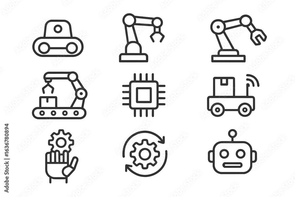 Poster icons representing automation technology in a modern industrial setting showcasing robots and machin