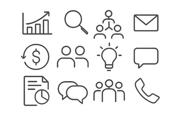 Business concepts and communication elements illustrated with simple line icons in a minimalist style