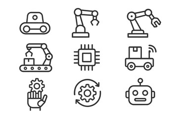 Icons representing automation technology in a modern industrial setting showcasing robots and machinery