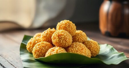 Groundnut Laddoo served in a banana leaf. Food photography in HD