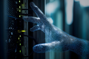 Luminous Wireframe Hand of AI Interfacing with Data Center Server.