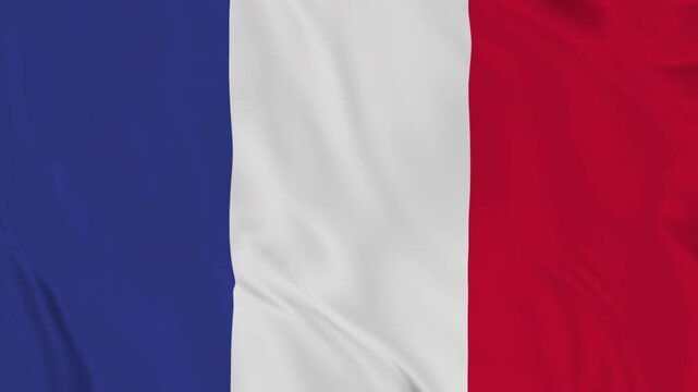waving fabric texture of the flag of France. Full screen loop video of France flag. 3D animation. French flag in the wind. Real Texture Waving Flag of the France. France Satin Flag Animation