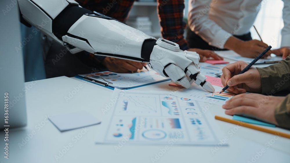 Poster a futuristic scene depicting a robot arm collaborating with humans in an office. the team analyzes g