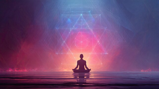 Conceptual representation of wellbeing: glowing geometric chakra chart behind a meditating figure, mystical color glow, cinematic detail
