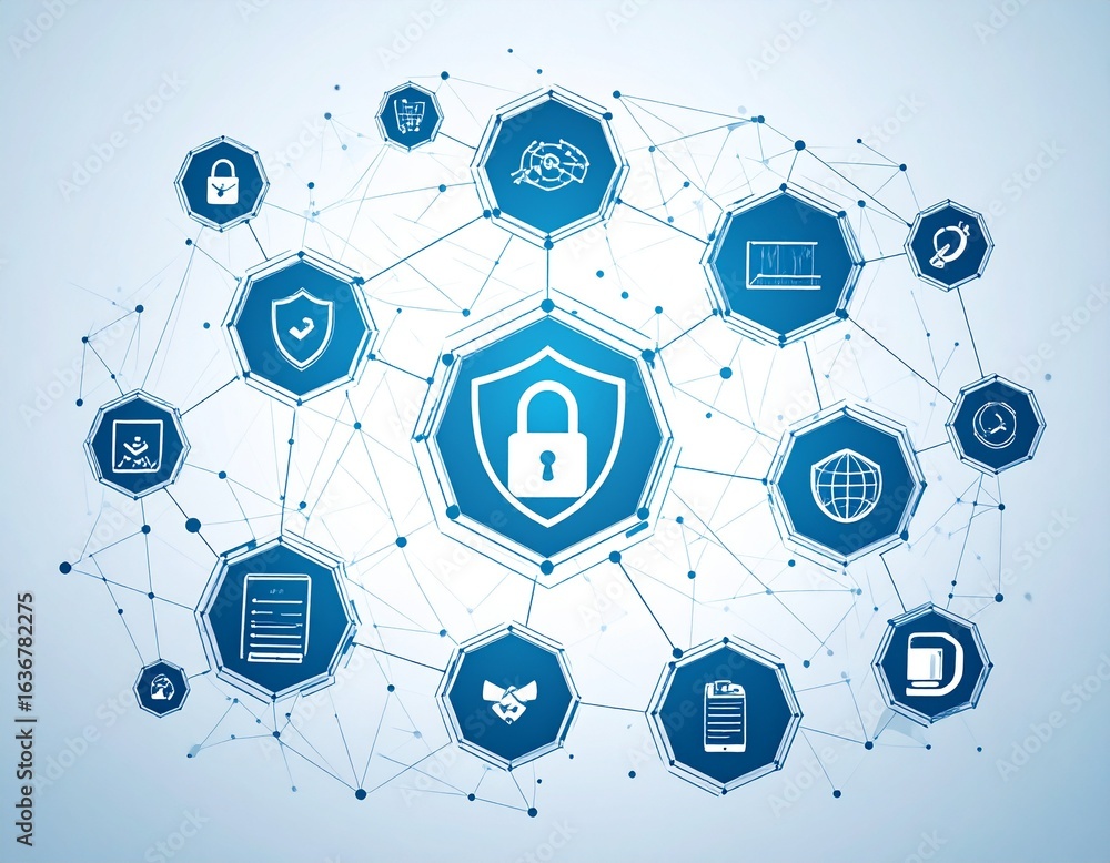 Aufkleber cybersecurity concept showing a central shield with a padlock connected to a network of data protect