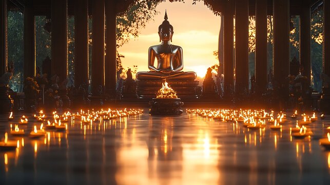 Golden Buddha seated in temple hall with rows of lit candles on polished floor. Sacred atmosphere at dusk. Makha Bucha Day festival of light and reverence - Powered by Adobe