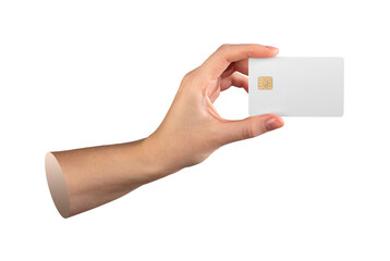 Woman s hand holding blank credit card mockup with chip, clear design for payment, banking and