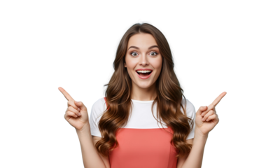 Excited Young Woman Pointing Up with Surprise PNG