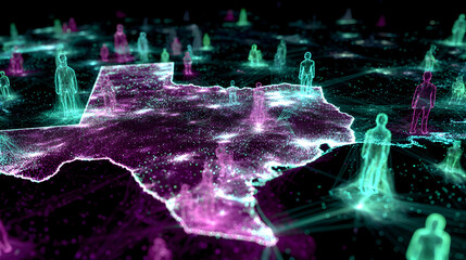 Luminous Avatars Connected Across a Neon Particle Map of Texas.