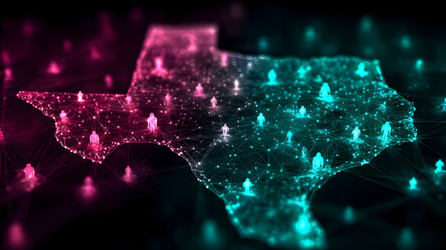 Luminous Texas Map: A Digital Network of People in Glowing Pink and Teal. - Powered by Adobe