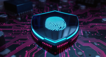 Biometric security concept: A sleek, reflective shield, acting as a security hub, displays a glowing digital fingerprint on its surface. The shield has a bright cyan glowing edge and is integrated int