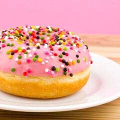 A Delicious Pink Donut with Colorful Sprinkles on a White Plate, Sweet Dessert