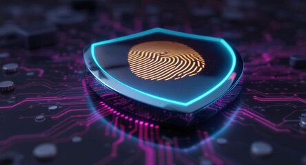 Biometric security concept: A sleek, reflective shield, acting as a security hub, displays a glowing digital fingerprint on its surface. The shield has a bright cyan glowing edge and is integrated int