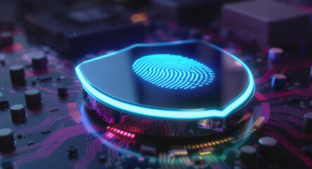 Biometric security concept: A sleek, reflective shield, acting as a security hub, displays a glowing digital fingerprint on its surface. The shield has a bright cyan glowing edge and is integrated int