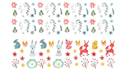 Watercolor floral and animal illustration featuring rabbits foxes flowers and various botanical elements artfully arranged