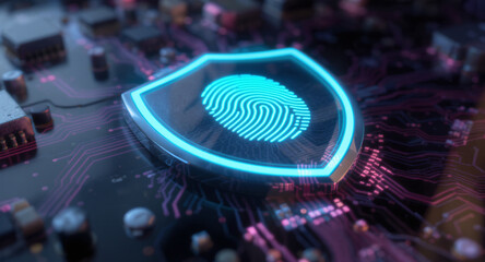 Biometric security concept: A sleek, reflective shield, acting as a security hub, displays a glowing digital fingerprint on its surface. The shield has a bright cyan glowing edge and is integrated int