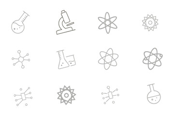 Science Icons in Grey: A minimalist display of science-themed icons against an abstract background.