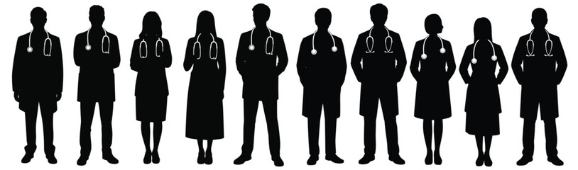 Silhouette Collection of Medical Professionals with Stethoscopes on White doctor nurse