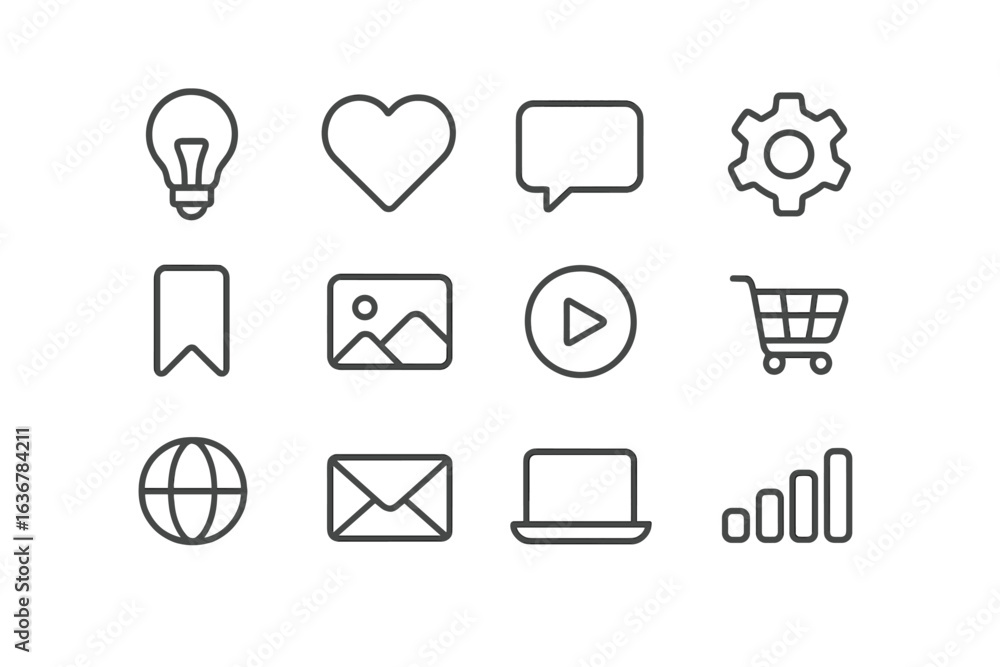 Poster collection of minimalist icons representing various concepts of technology and communication in a cl