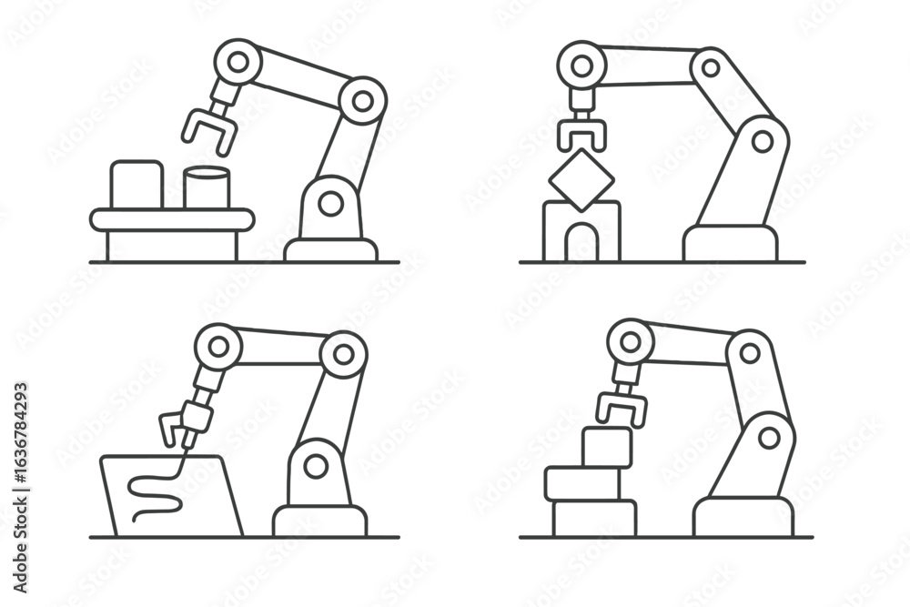 Poster robotic arms performing various tasks in a manufacturing environment showcasing industrial automatio