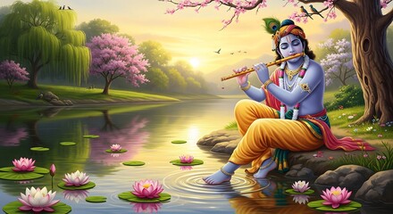 Lord krishna plays flute by a serene river amidst blooming trees and water lilies