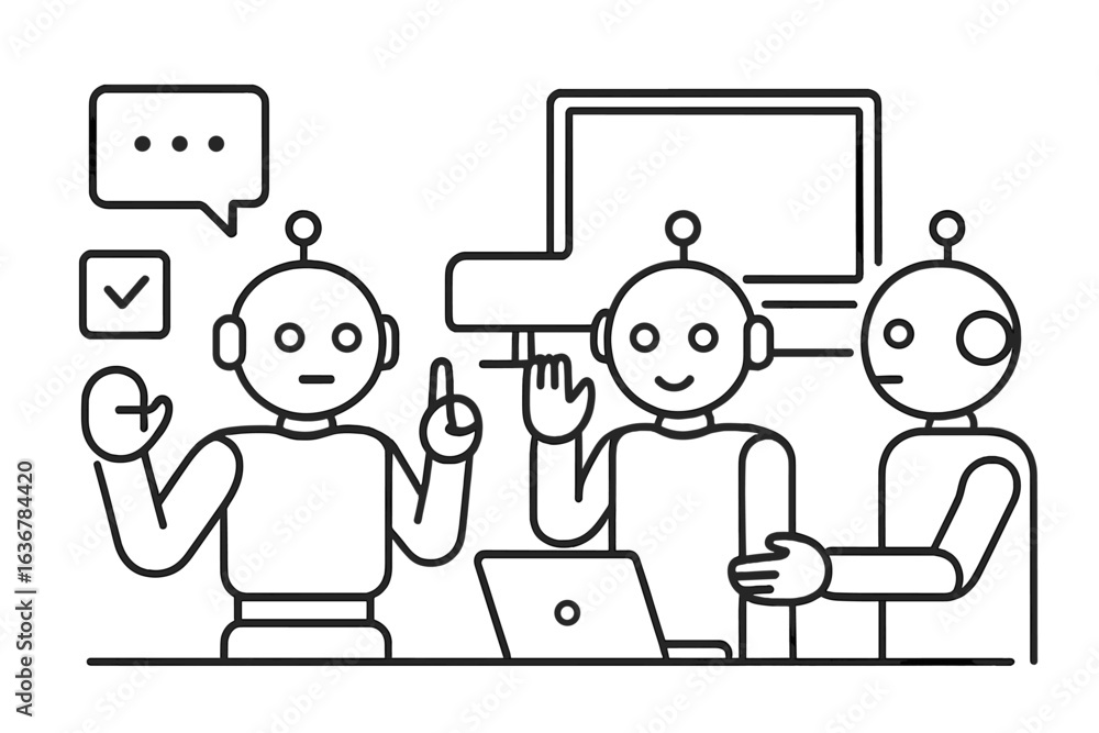 Poster three robots engaged in discussion around a laptop in a modern workspace setting during the daytime