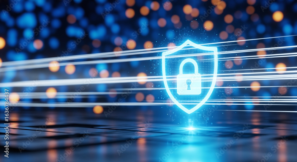 Poster shield icon on secure global network representing cyber security and information protection, advance