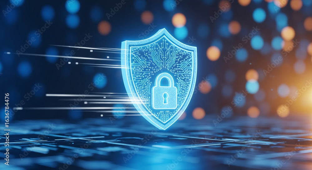 Poster shield icon on secure global network representing cyber security and information protection, advance