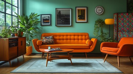 Retro living room with orange velvet sofa and mid century modern furniture