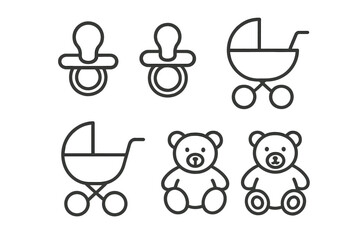 Baby accessories including teething toys and strollers in a minimalistic design