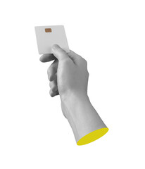 Credit card held forward in female hand with visible chip, ready for payment, banking or investment.