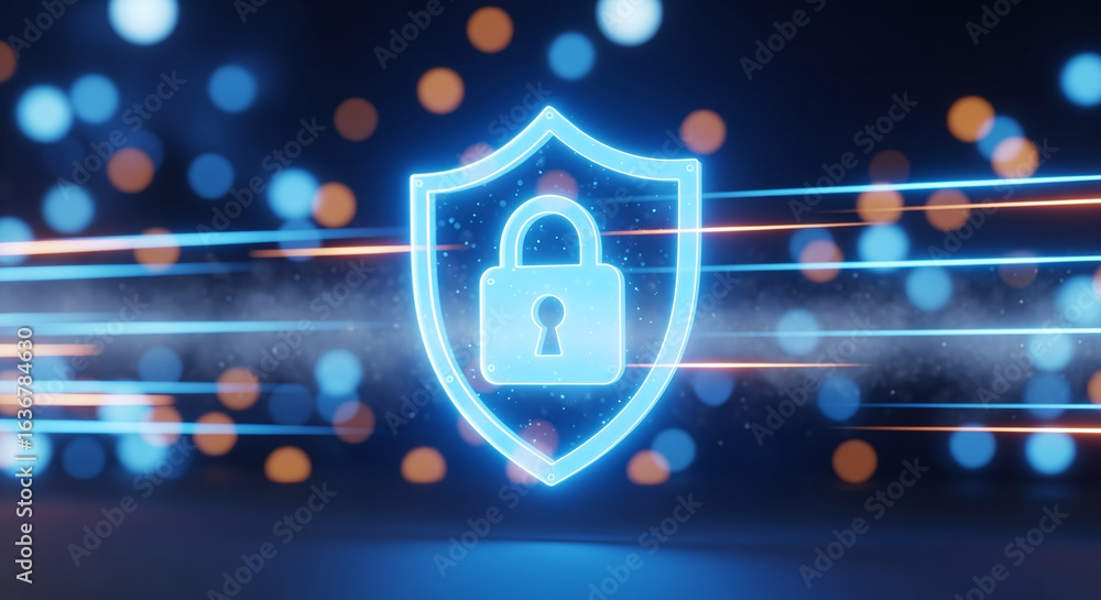Poster shield icon on secure global network representing cyber security and information protection, advance