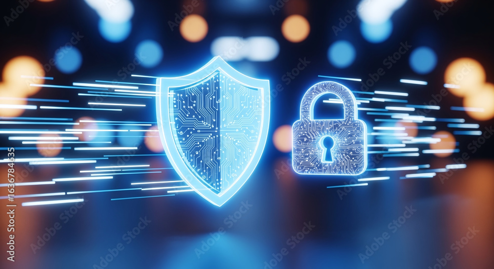 Poster shield icon on secure global network representing cyber security and information protection, advance