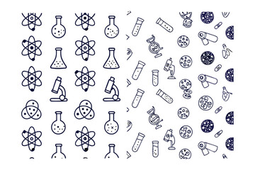 Science Icons: A seamless pattern of science-related icons, depicting atom, microscope, flask and other in a repeating and aesthetically pleasing arrangement.