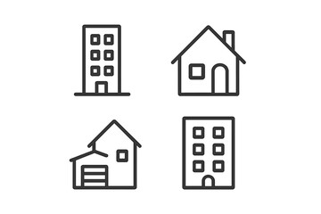 Different types of residential and commercial buildings showcased in a minimalistic design