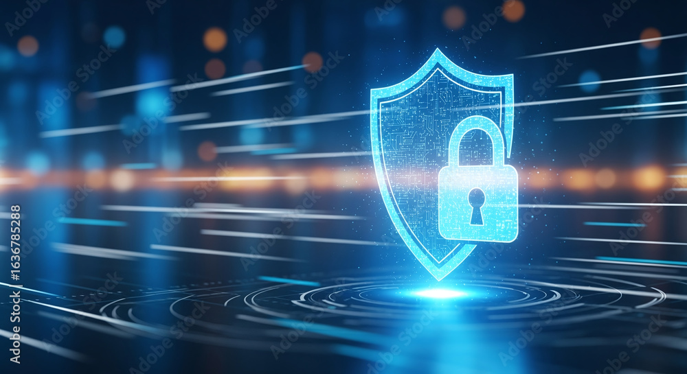 Poster shield icon on secure global network representing cyber security and information protection, advance