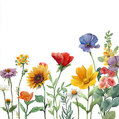 Fototapeta premium Colorful wildflowers bloom in a sunny field, showcasing a vibrant array of nature's beauty during springtime