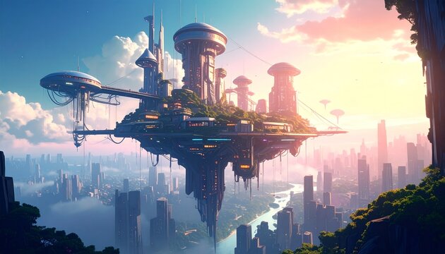 Surreal vertical cityscape with buildings suspended upside-down in the sky, dreamy lighting and impossible architecture