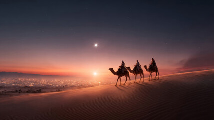 Three wise men journey across the golden desert at sunset following the star to Bethlehem
