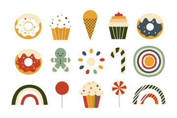 Sweet Assortment of Treats: A delectable array of various treats, artfully arranged in a flat design, enticing a craving for these tempting desserts.