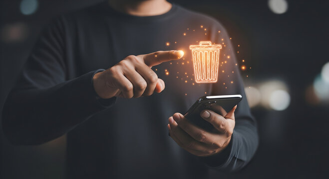 Fingertip touches a luminous digital recycle bin, illustrating the concept of deleting or removing digital information.