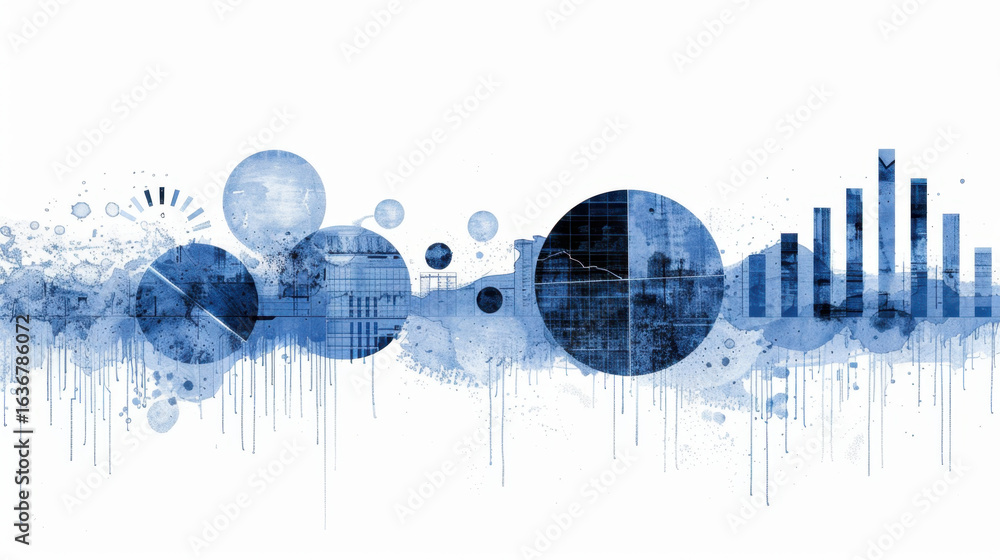 Poster abstract blue graphic design featuring circular shapes and bar graphs, conveying sense of data visua