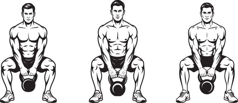 illustration of muscular man performing kettlebell squat in three positions showing proper form for fitness and gym training