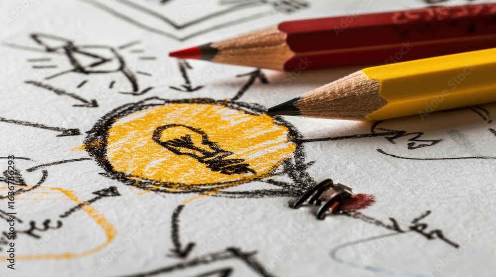 Poster creative brainstorming session with colorful pencils and sketches on paper, highlighting ideas and c