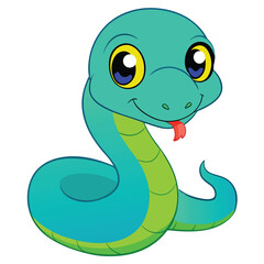 Cute cartoon blue and green snake smiling, isolated on white background