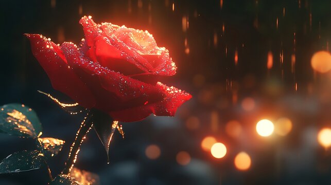 Macro shot of red rose with wet petals and leaves high resolution picture - Powered by Adobe