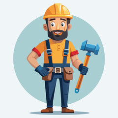 Cartoon Construction Worker Ready to Build Holding a Hammer, Tool Belt, Wearing Yellow Hard Hat and Orange Safety Vest