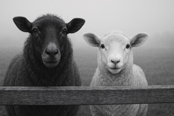 Obraz premium A black sheep and a white sheep stand side by side behind a wooden fence in a misty field. Captured in black and white, the photograph highlights their contrasting wool textures and calm expressions