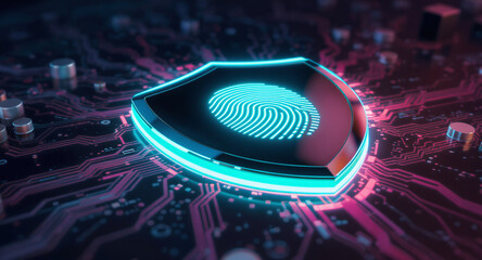 A sleek, reflective shield, acting as a security hub, displays a glowing digital fingerprint on its surface. The shield has a bright cyan glowing edge and is integrated into a motherboard with radiati