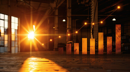 Glowing sunset illuminates warehouse, casting warm light on rising bar graph symbolizing growth and success. scene evokes sense of optimism and achievement